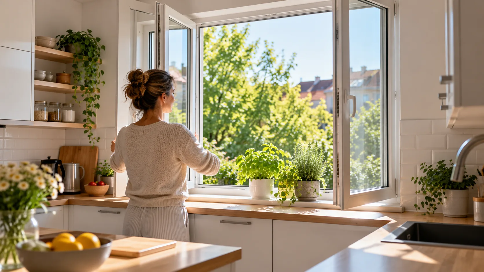 Woman opening a PVC window wide in the kitchen to air the room